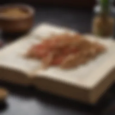An ancient herbal remedy book open to a page on ginseng