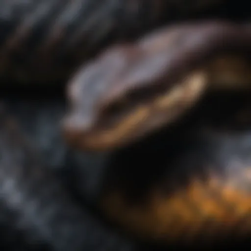 A close-up of the dark coloration and scale patterns of a pit viper.