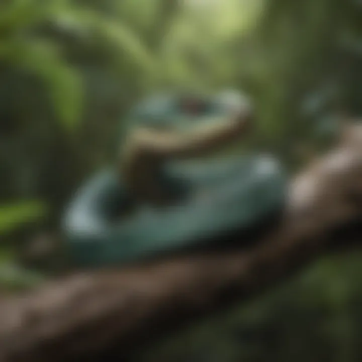 A pit viper coiled on a branch in its natural habitat.
