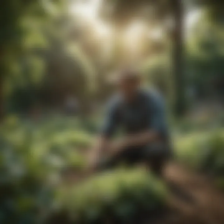 A farmer applying sustainable farming techniques in a lush garden.