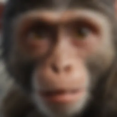 Close-up of a monkey's facial features, emphasizing its expressive eyes and unique fur patterns.