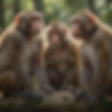 Social Dynamics Among Monkeys A troop of monkeys interacting in their natural habitat, showcasing their social dynamics.