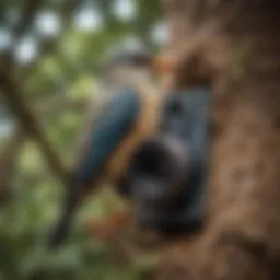 Close-up view of a bird nesting camera attached to a tree