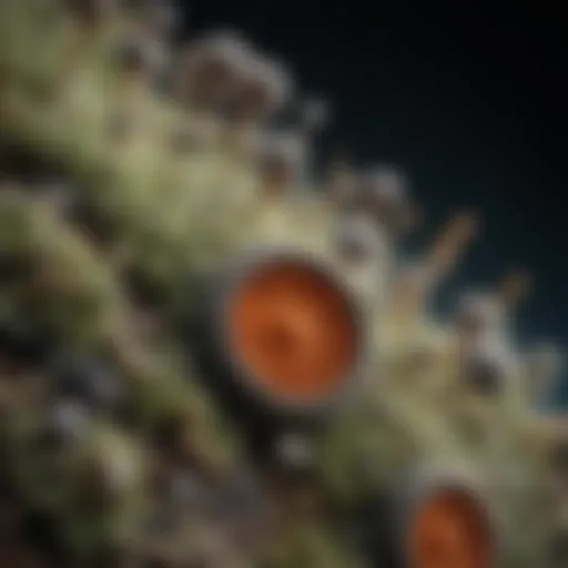 Close-up view of mold spores under a microscope