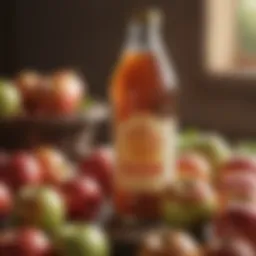 A bottle of apple cider vinegar surrounded by fresh apples