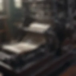 A close-up of a vintage printing press in action