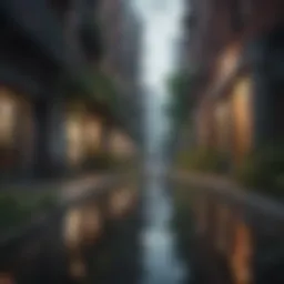 A vibrant urban landscape showcasing the coexistence of nature and architecture