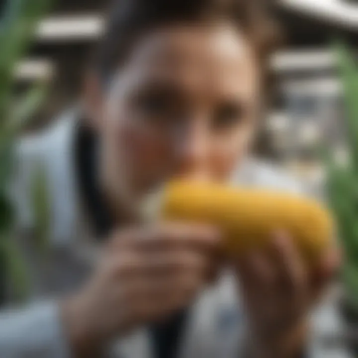 Researcher examining GMO corn samples in a lab