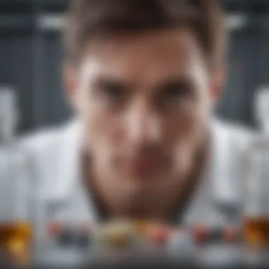 A close-up of a lab technician analyzing supplement ingredients