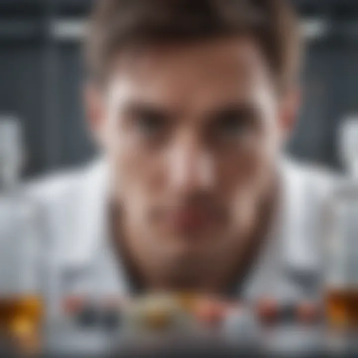 A close-up of a lab technician analyzing supplement ingredients