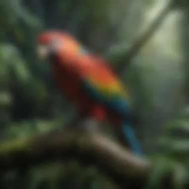 A colorful parrot perched on a branch amidst rainforest foliage