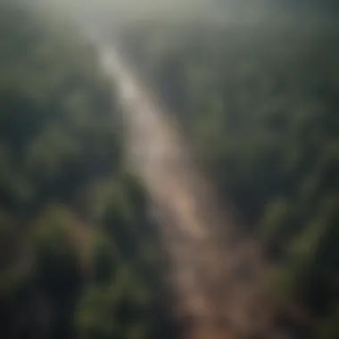 Aerial view of a forest affected by acid rain, showcasing tree damage