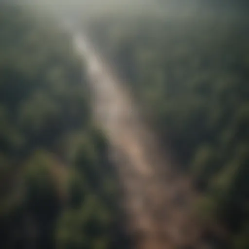 Aerial view of a forest affected by acid rain, showcasing tree damage