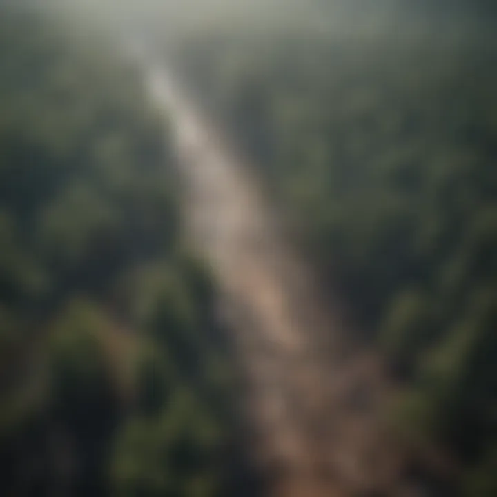 Aerial view of a forest affected by acid rain, showcasing tree damage