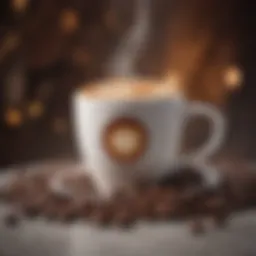 A vibrant coffee cup surrounded by coffee beans with a backdrop of kidney shapes.