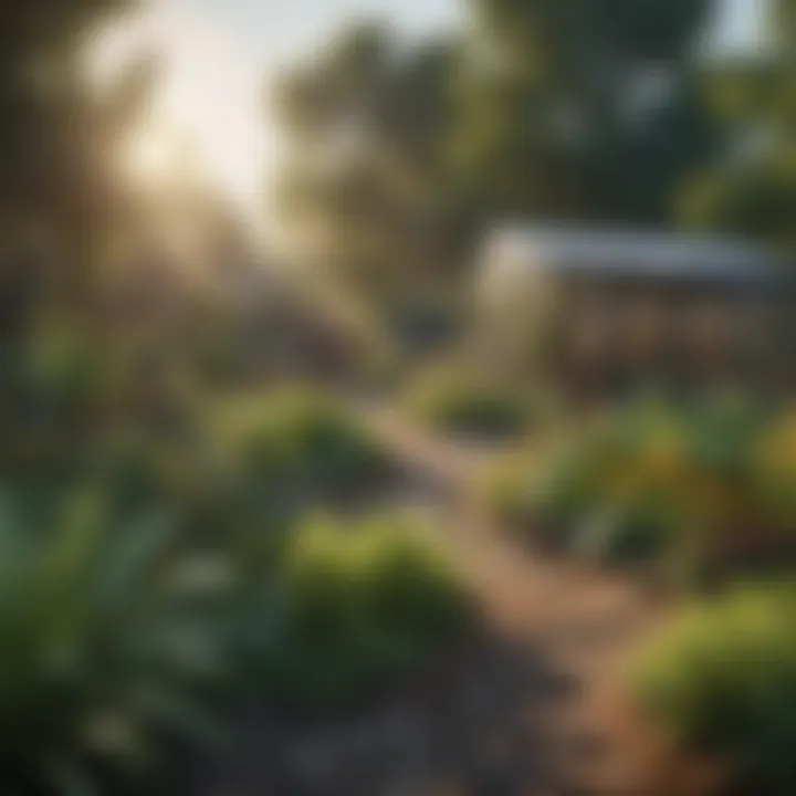 A community garden thriving with diverse plants and sustainable practices.