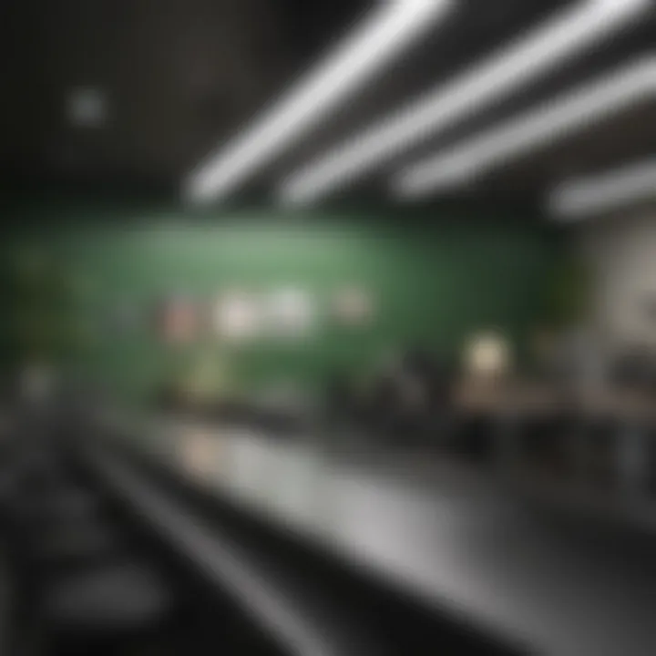 A close-up of energy-efficient LED lights illuminating a modern workspace.