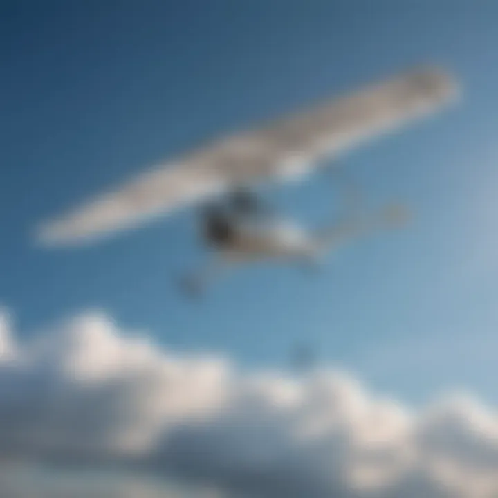 A sleek ultralight aircraft soaring through a clear blue sky