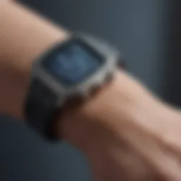 A close-up view of an actigraph device worn on a wrist.