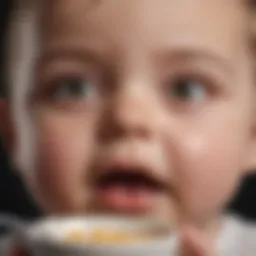 A close-up view of an infant showing signs of discomfort while eating.
