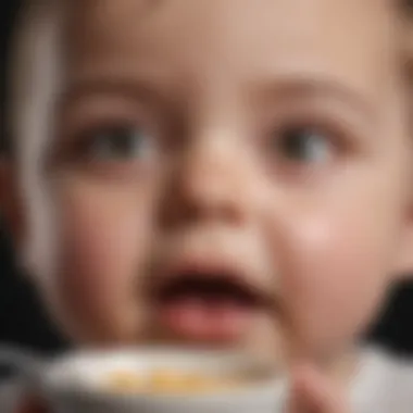 Signs of Discomfort During Feeding A close-up view of an infant showing signs of discomfort while eating.