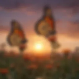 A stunning view of monarch butterflies in flight against a vibrant sunset sky