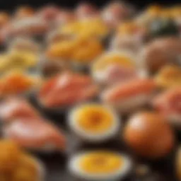 A vibrant display of vitamin D-rich foods including fatty fish, egg yolks, and fortified dairy products.